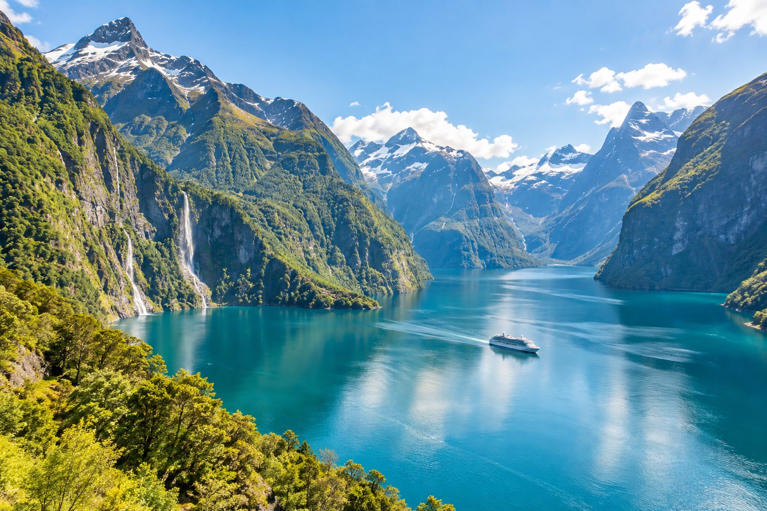 A steep green fjord in New Zealand dropping into still turquoise water