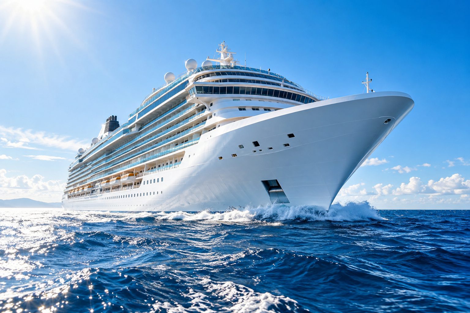 A luxury cruise ship underway on open blue ocean under a clear sky