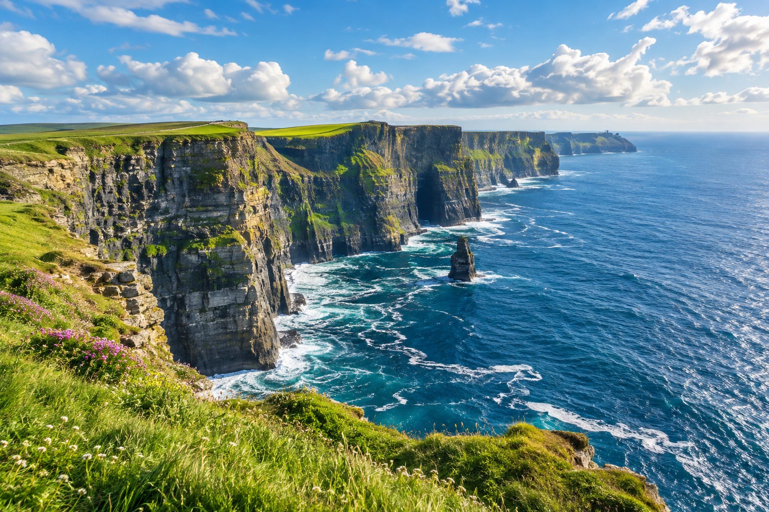 Green cliffs rising out of the deep blue Atlantic in Ireland